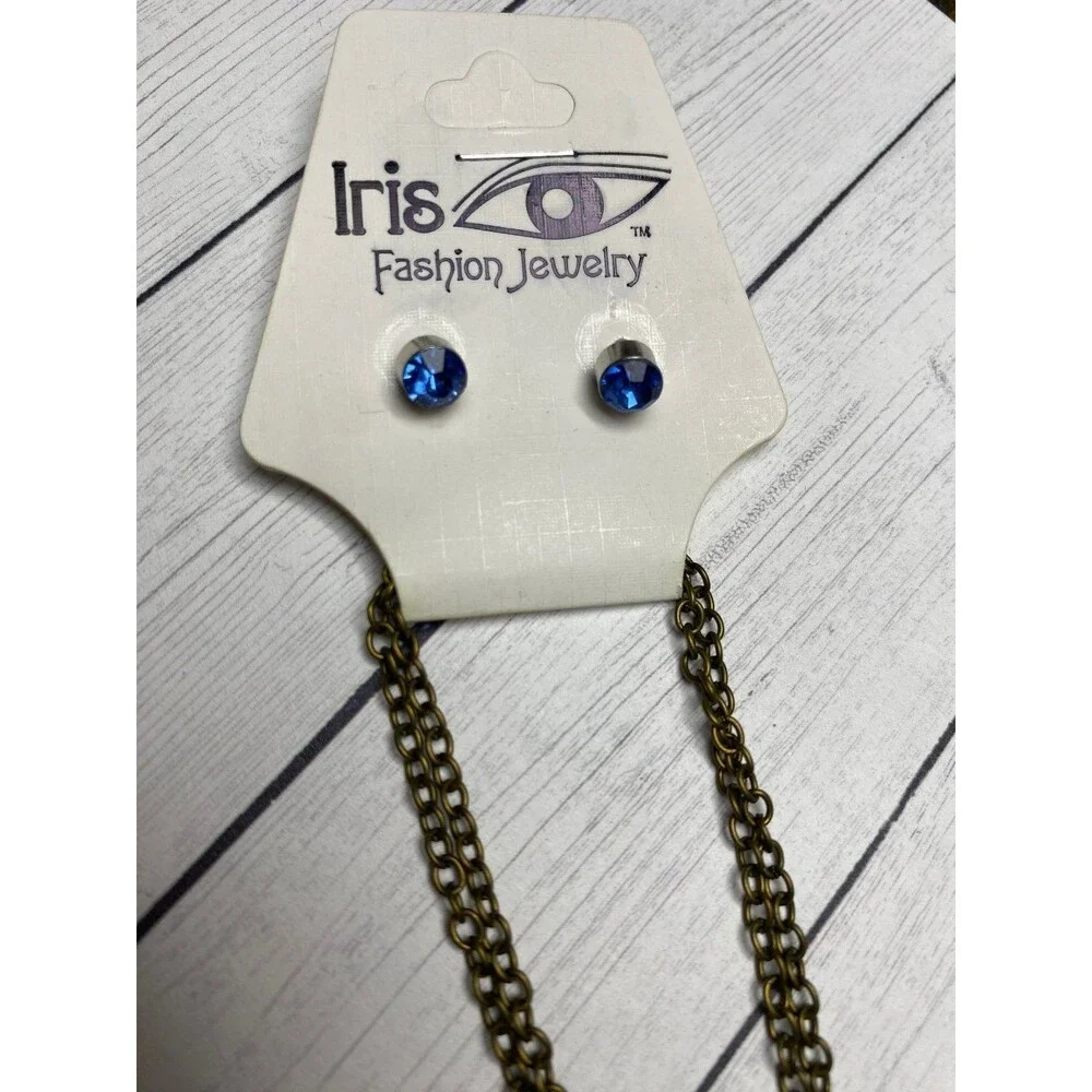 Iris Necklace and Earrings Set Bronze Blue Bunny Pendant Kids Jewelry